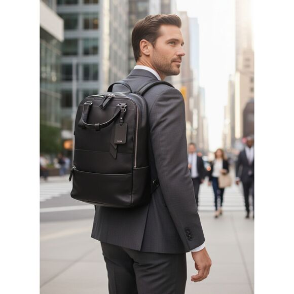 TUMI VAREK Black Leather Backpack - Premium Saffiano Convertible Travel Bag - Picture 3 of 14